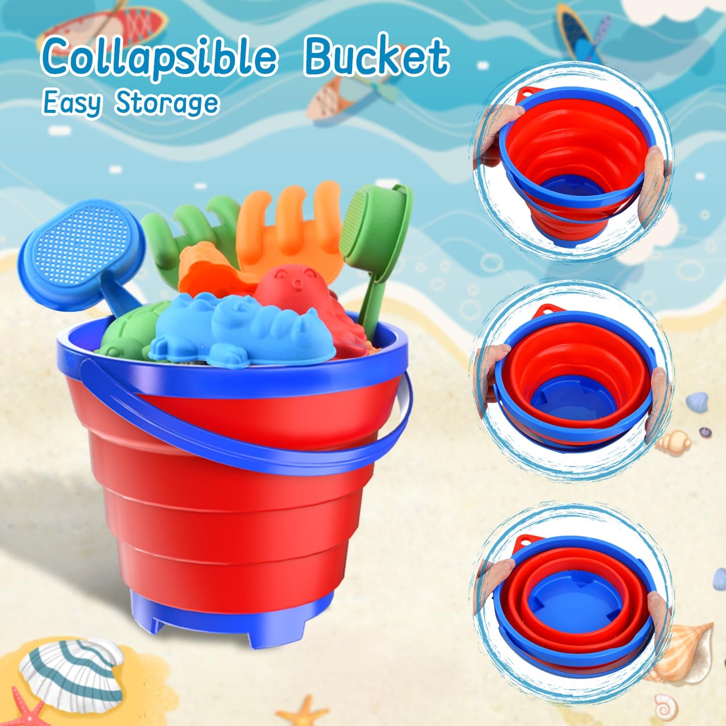 Collapsible Beach Sand Toys for Toddler Sand Toys for Kids 3 Packs Foldable Buckets with Sand Molds,Shovels&Mesh Bag for Beach S