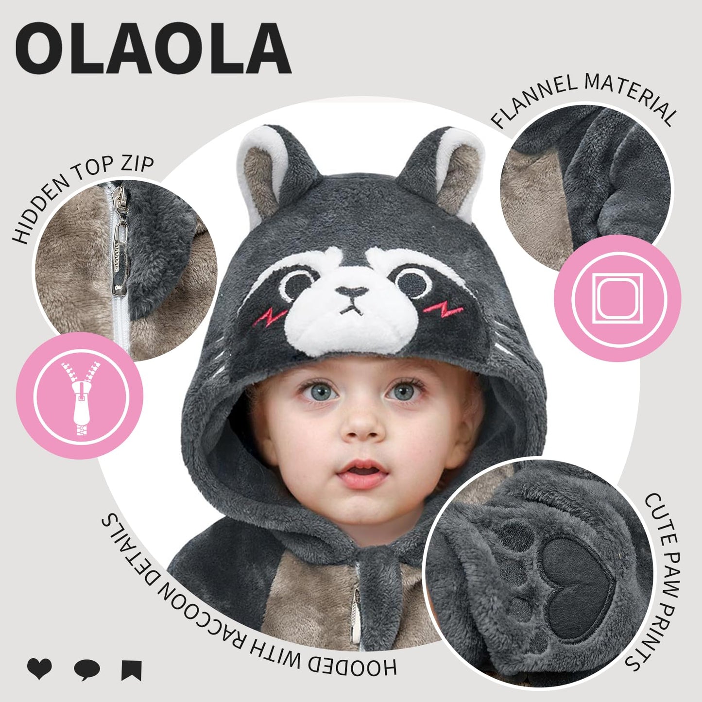 Olaola Baby Animal Costume Onesie, Unisex Toddler Raccoon Romper, Plush Cosplay Dress Up Infant Outfits Halloween Costume