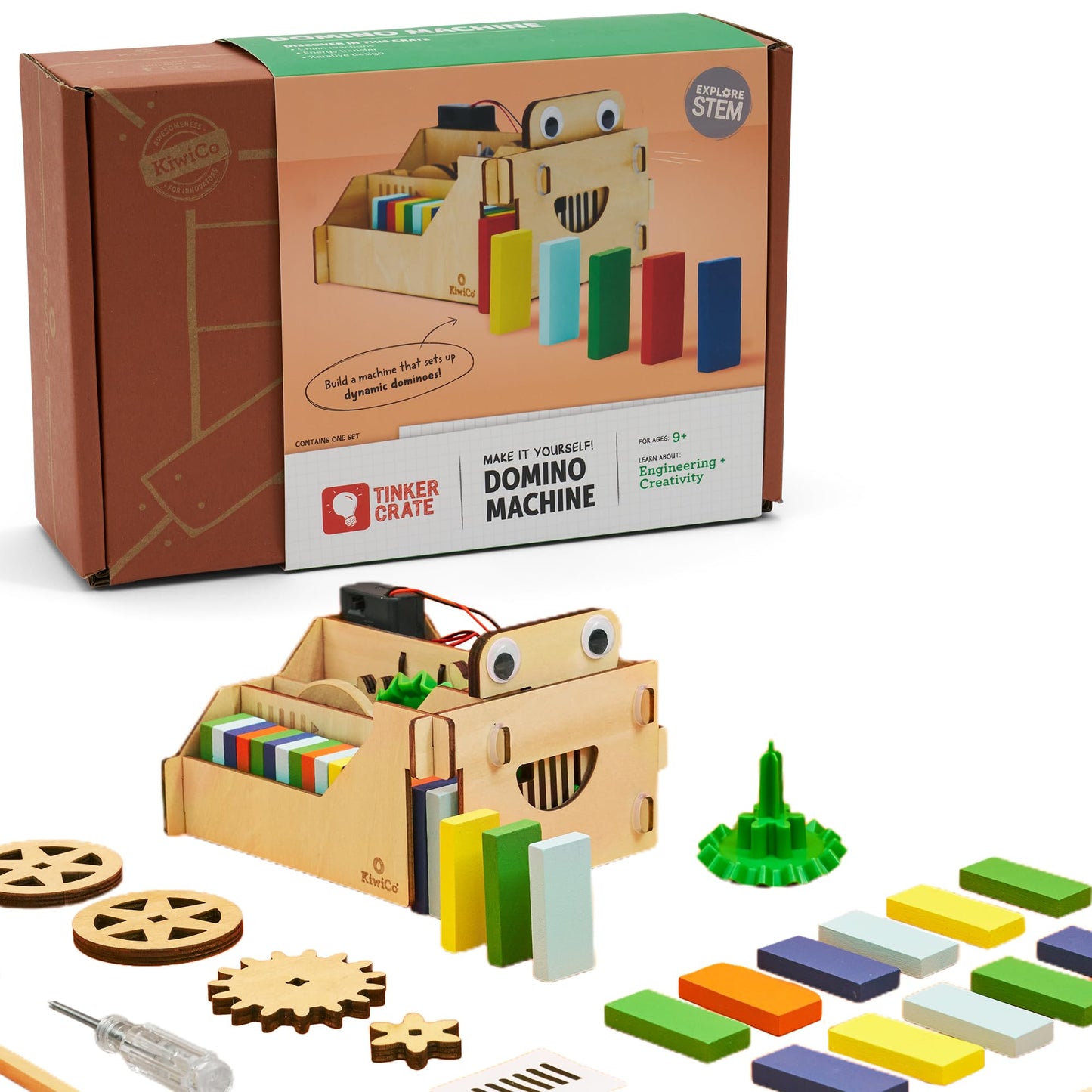 Kiwico - Domino Machine, Wooden Domino Set For Family Games With 100 Dominoes And Wood Domino Robot, For Kids Ages 9+