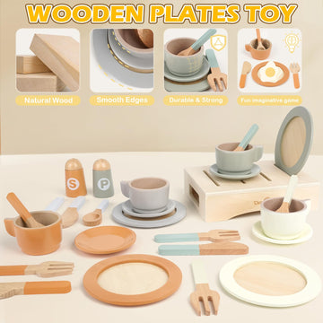 Wooden Play Dishes and Plates for Kids Kitchen Set, 27 PCS Wooden Play Kitchen Accessories, Kitchen Toy for Toddlers 2-4 Years G