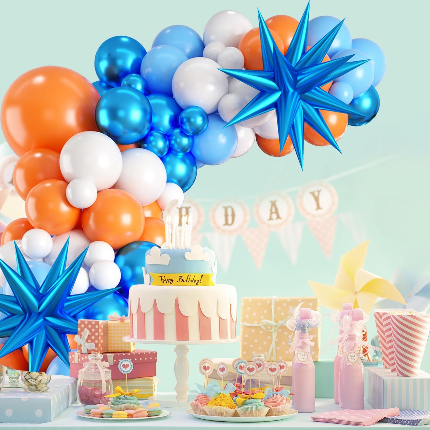 Orange And Blue Balloon Garland Arch Kit,Orange Blue White Balloons With Star Foil Balloons For Birthday Decoration Wedding Baby Shower Engagement Diy Decoration Party Supplies