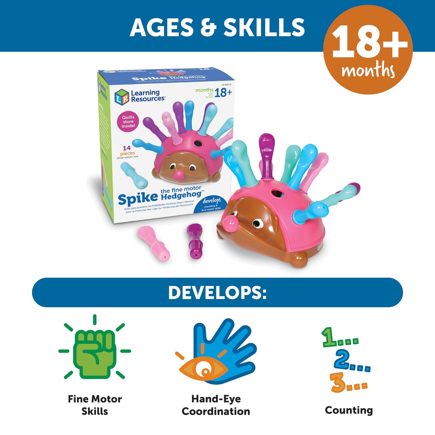 Learning Resources Spike The Fine Motor Hedgehog Pink - 14 Pieces, Ages 18+ Months Fine Motor And Sensory Toy, Educational Toys For Toddlers, Montessori Toys