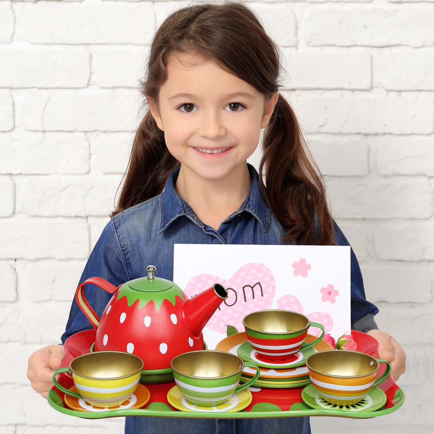 Tea Set for Little Girls, Pretend Play Tea Party Set, Fruit Design Kids Tin Tea Set with Carrying Case (15 Pcs)