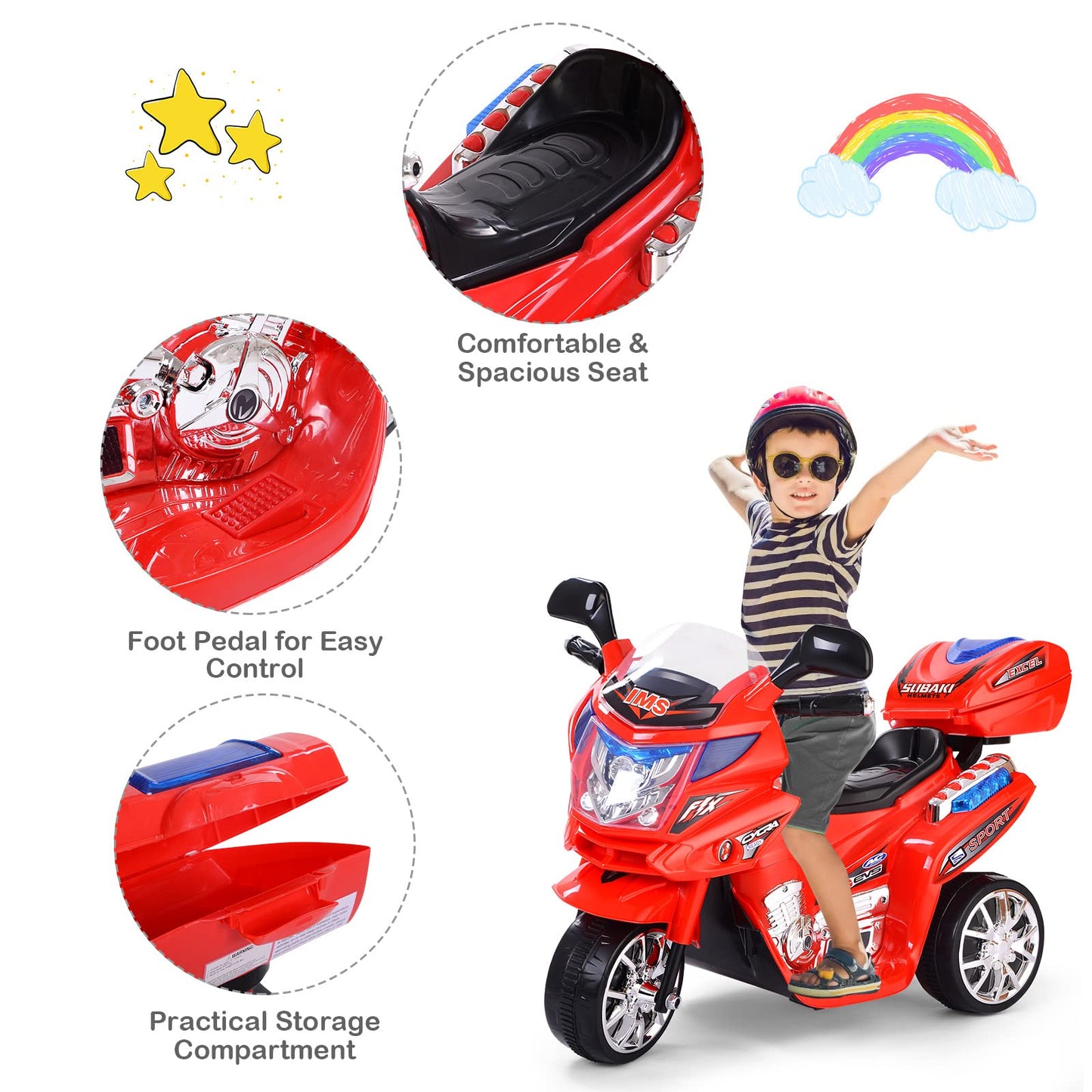HONEY JOY Kids Motorcycle, 6V Electric Motorcycle for Kids, LED Headlights, Music, Pedal, Storage Trunk, Horn, 3-Wheeler Ride On