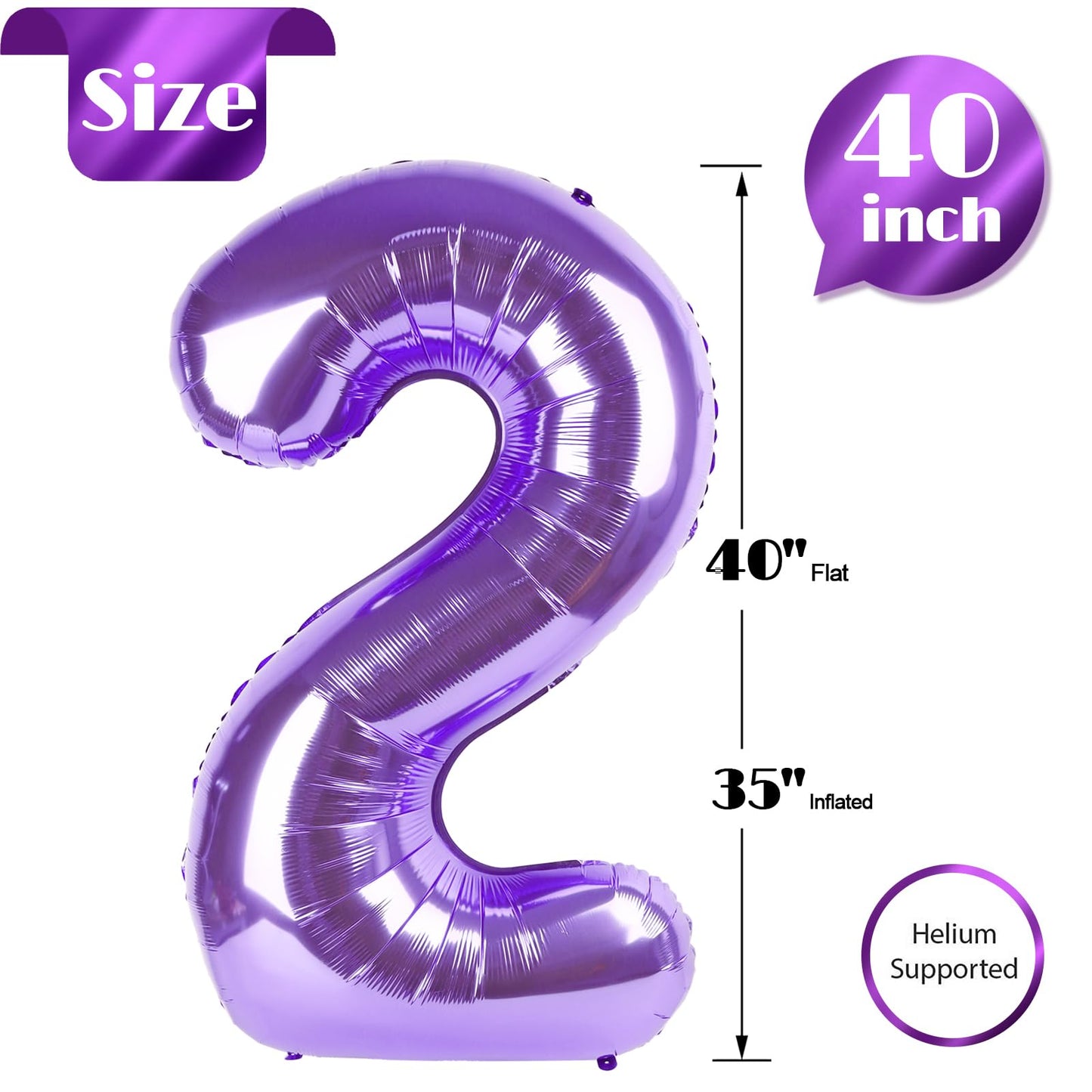 Purple 2 Balloon, Number Balloon 40 Inch, Two Balloon Number Birthday Decorations, Second 2Nd Birthday Party Supplies, Number 2