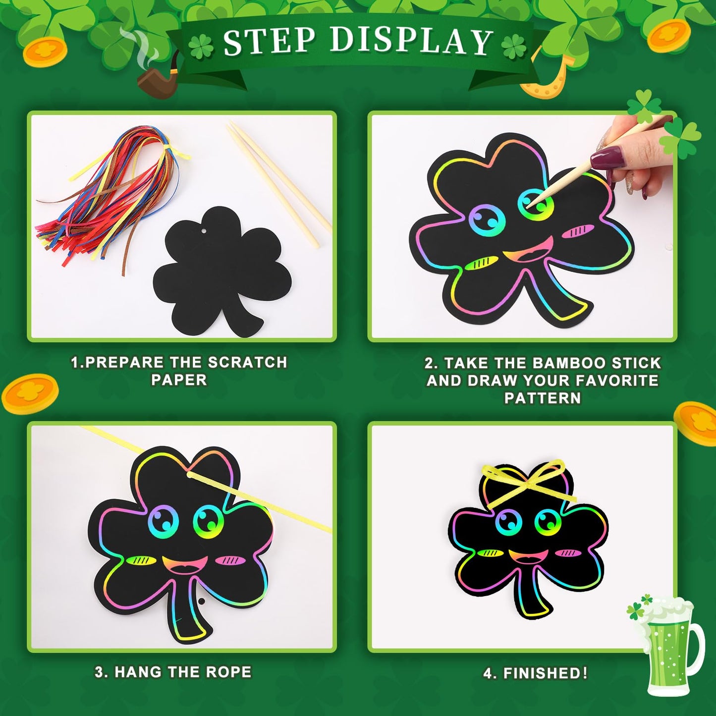 Julmelon 36 Pcs St Patricks Day Scratch Art For Kids, St. Patricks Day Crafts For Kids Rainbow Color Magic Scratch Paper Cards S