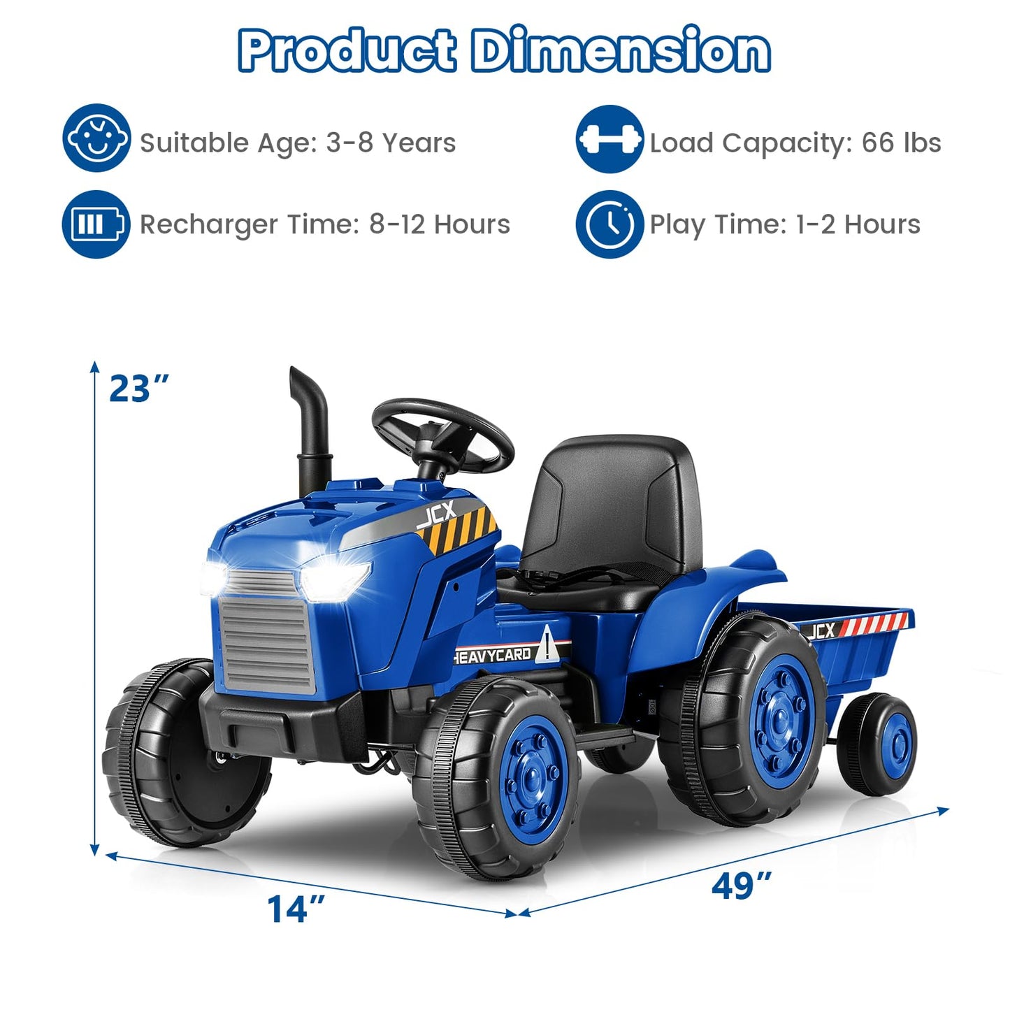Olakids 12V Kids Ride On Tractor, Battery Powered Motorized Electric Car With Trailer, Dual Motors, Remote Control, Light, Music, Usb, Toddler Vehicle Toys For Boys Girls (Blue)