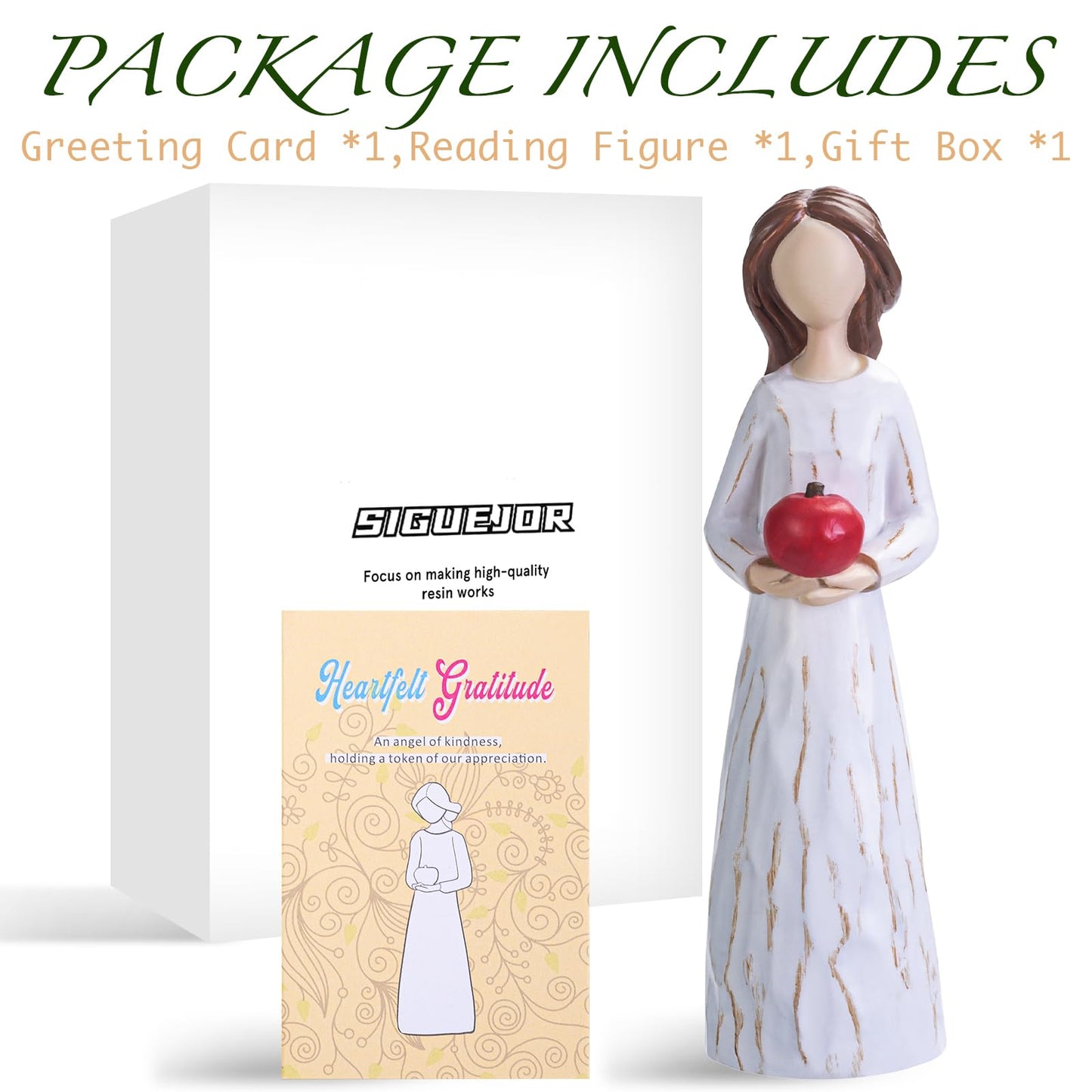 Siguejor Teacher Gifts,Grateful Heart,Hand-Painted Resin Figurines Of Woman Holding Red Apple, To Express Appreciation For Teach
