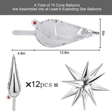 Novwang 75 Pcs Explosion Star Foil Balloons 12 Point Silver Starburst Cone Mylar Balloons For Party Supplies Christmas Birthday Wedding Baby Shower Photo Booth (Silver)