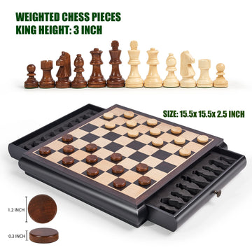 Vamslove Wooden Chess Checkers Game Set 15.5' Large Size Board W/Storage Drawers, Weighted Chess Pieces - 2 Extra Queens 3' King, Gift For Birthday Housewarming Retirement - Black