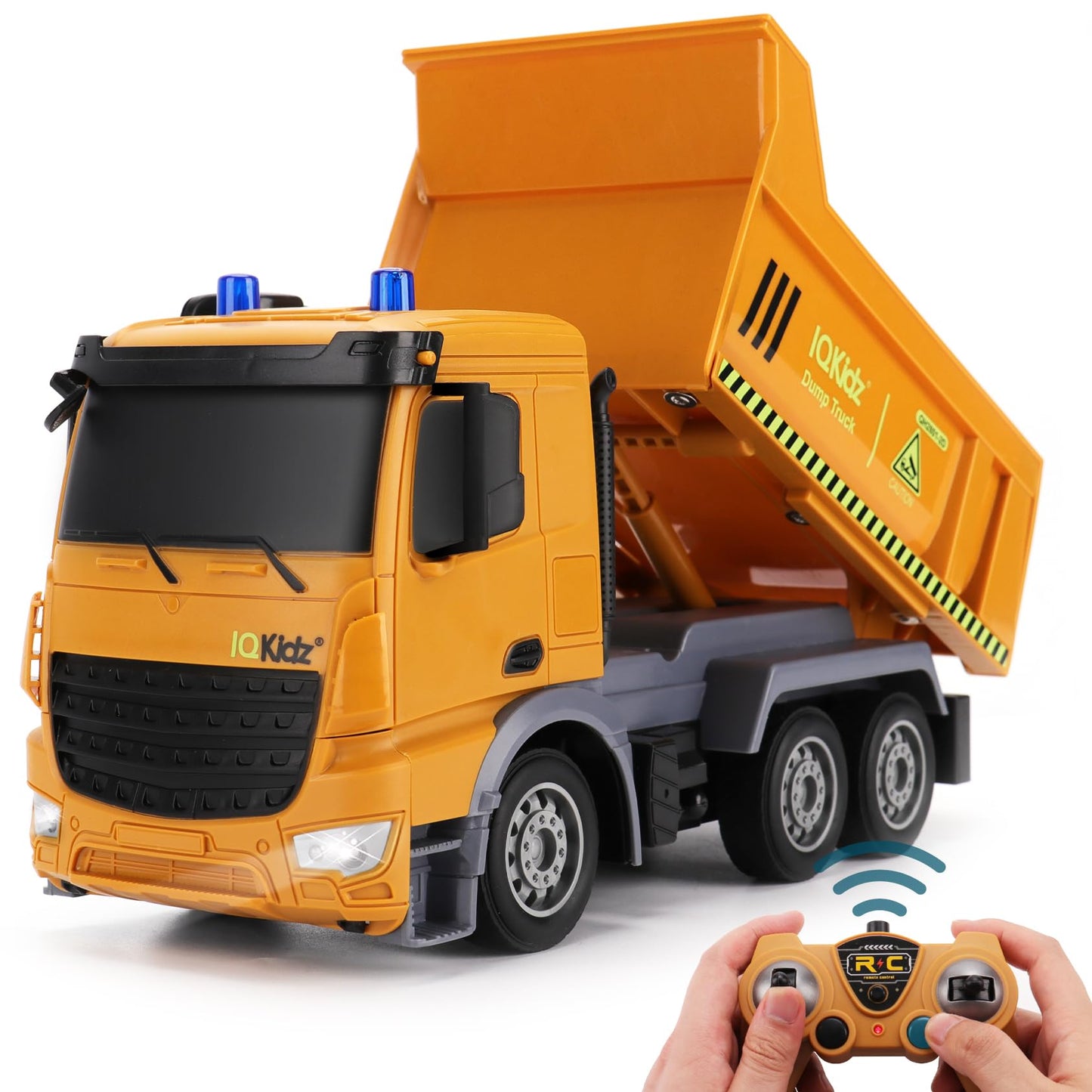IQKidz Remote Control Dump Truck Toys - RC Construction Vehicles with Blue Warning Lights, Trucks Toy for Boys Girls 3 4 5-7 8 9