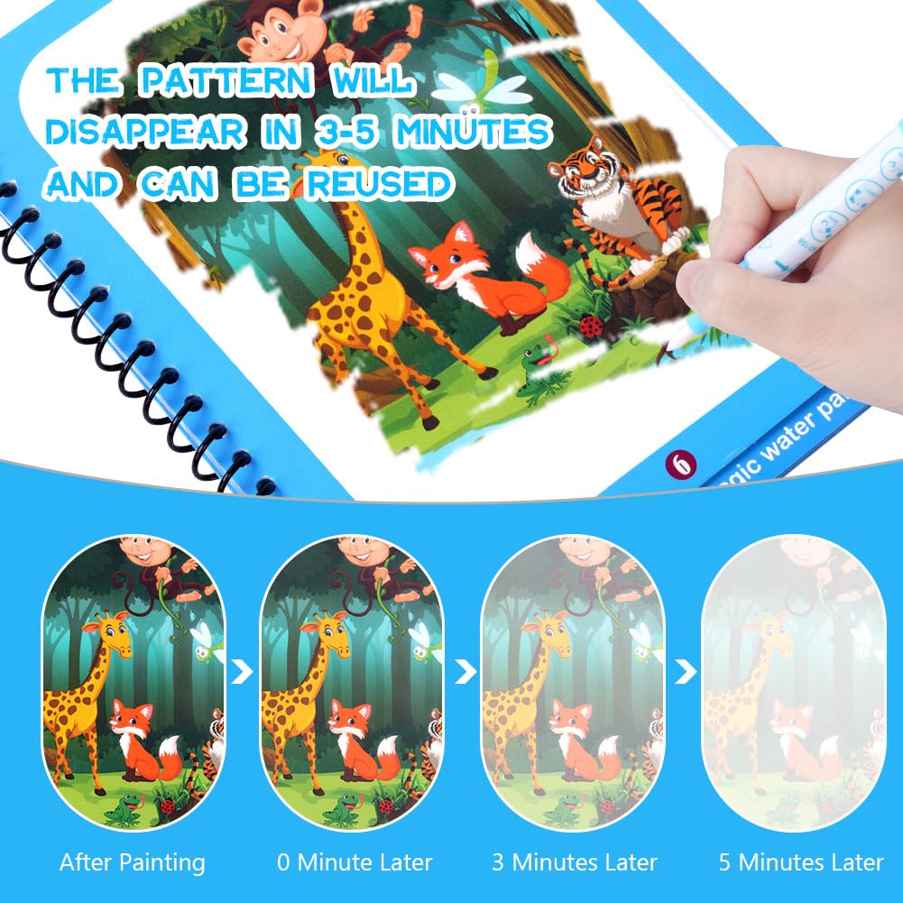 OSDUE Water Coloring Book for Toddler, 6 Pack Water Painting Book for Toddlers, Paint with Water Books, Educational Learning Doo