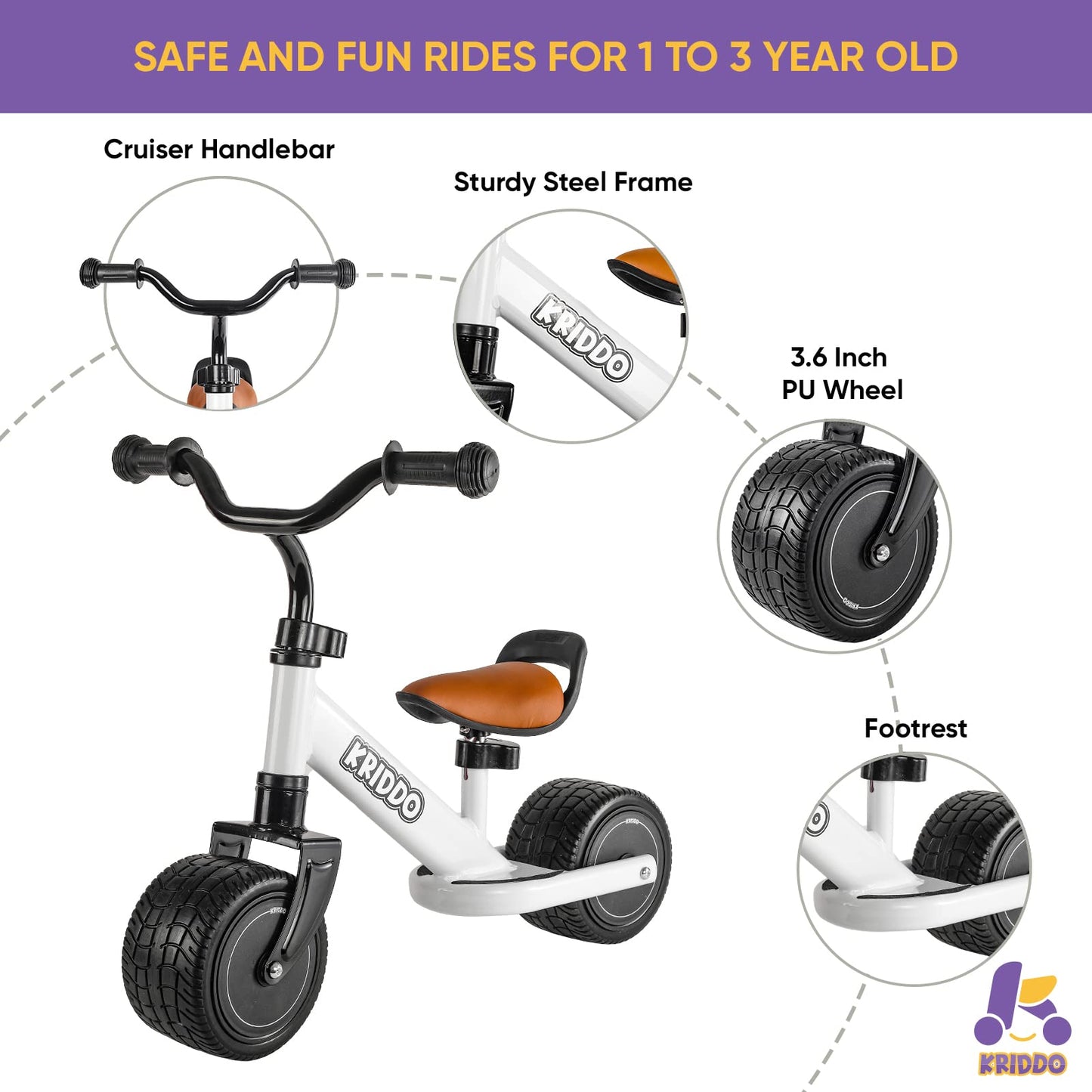 Kriddo Baby Balance Bike 1-2 Year Old, Mini Cruiser Bike For One Year Old First Birthday Gifts Baby Toys 12 Months To 2.5 Year Old, White