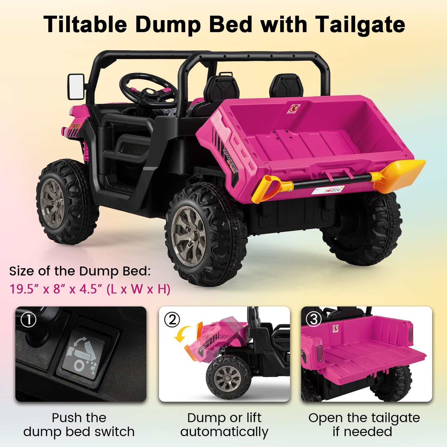 Costzon 24V Ride On Car, 2-Seater Electric Dump Truck W/Remote Control, Dump Bed & Shovel, 4 Spring Suspensions, Kids Utv W/Dual Rpm20000 Motors, Music, Wireless Design, Electric Car For Kids (Pink)