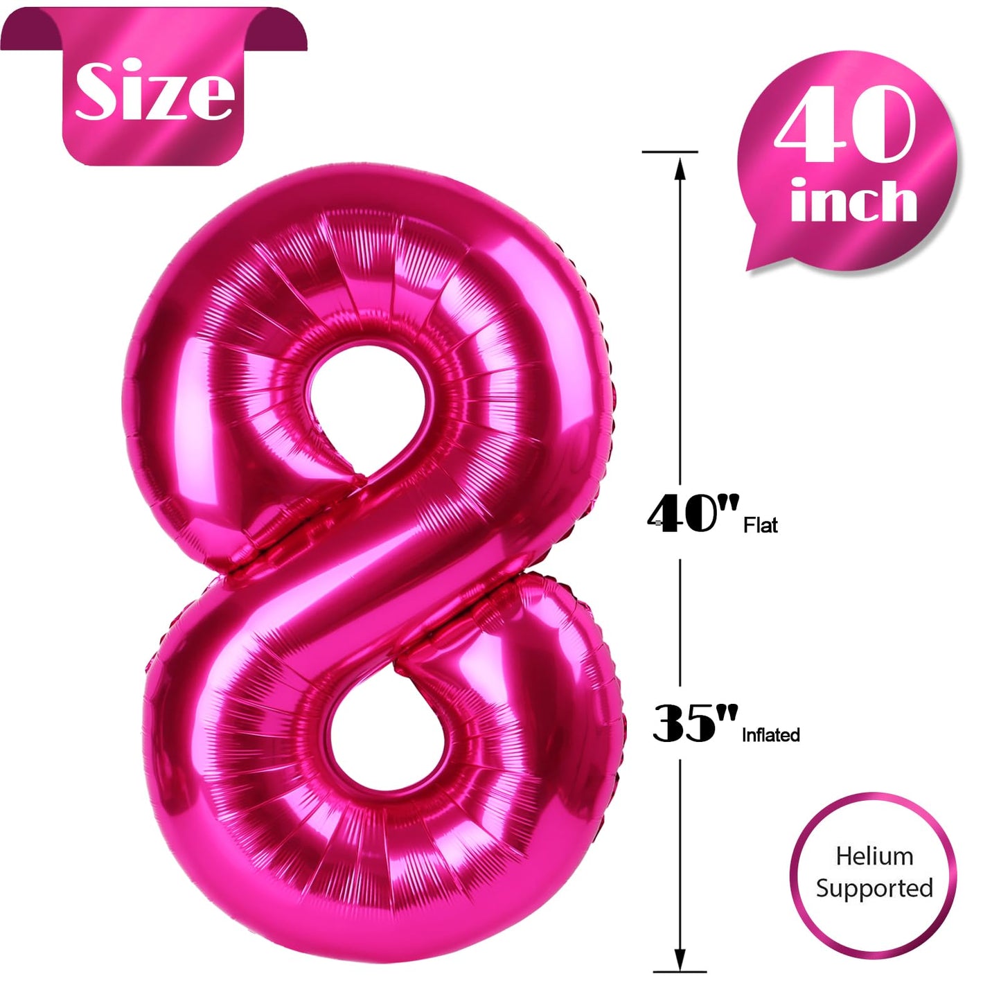 Hot Pink Number 8 Balloon 40 Inch, 8 Balloon Number, 8Th Birthday Decorations, Hot Pink Party Supplies For Boys Girls