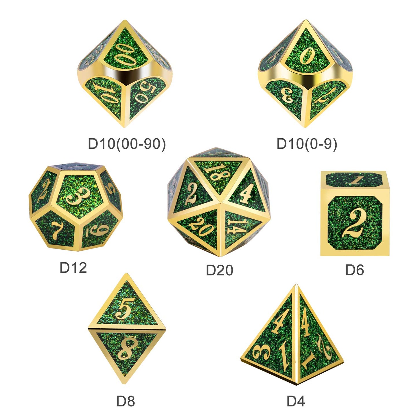 DNDND Metal Dice Set D&D,Glitter Green Heavy DND Dice with Free Metal Case for Role Playing Games Dungeons and Dragons