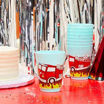 Blue Panda 16 Pack Plastic Fire Truck Cups For Kids, Firefighter Party Favors For Birthday Supplies (16 Oz)
