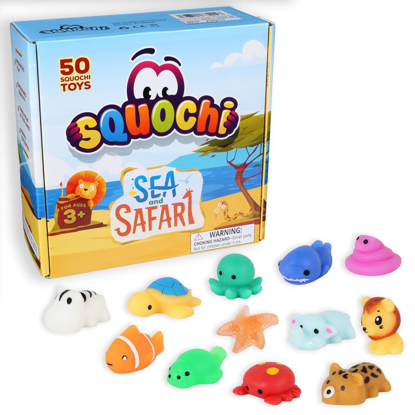 Sea & Safari Squishy Toys 50pcs - Collectible Mochi Fidget Toys in Blind Bags | Sea & Land Animal Shapes | Storage Tote, Playmat