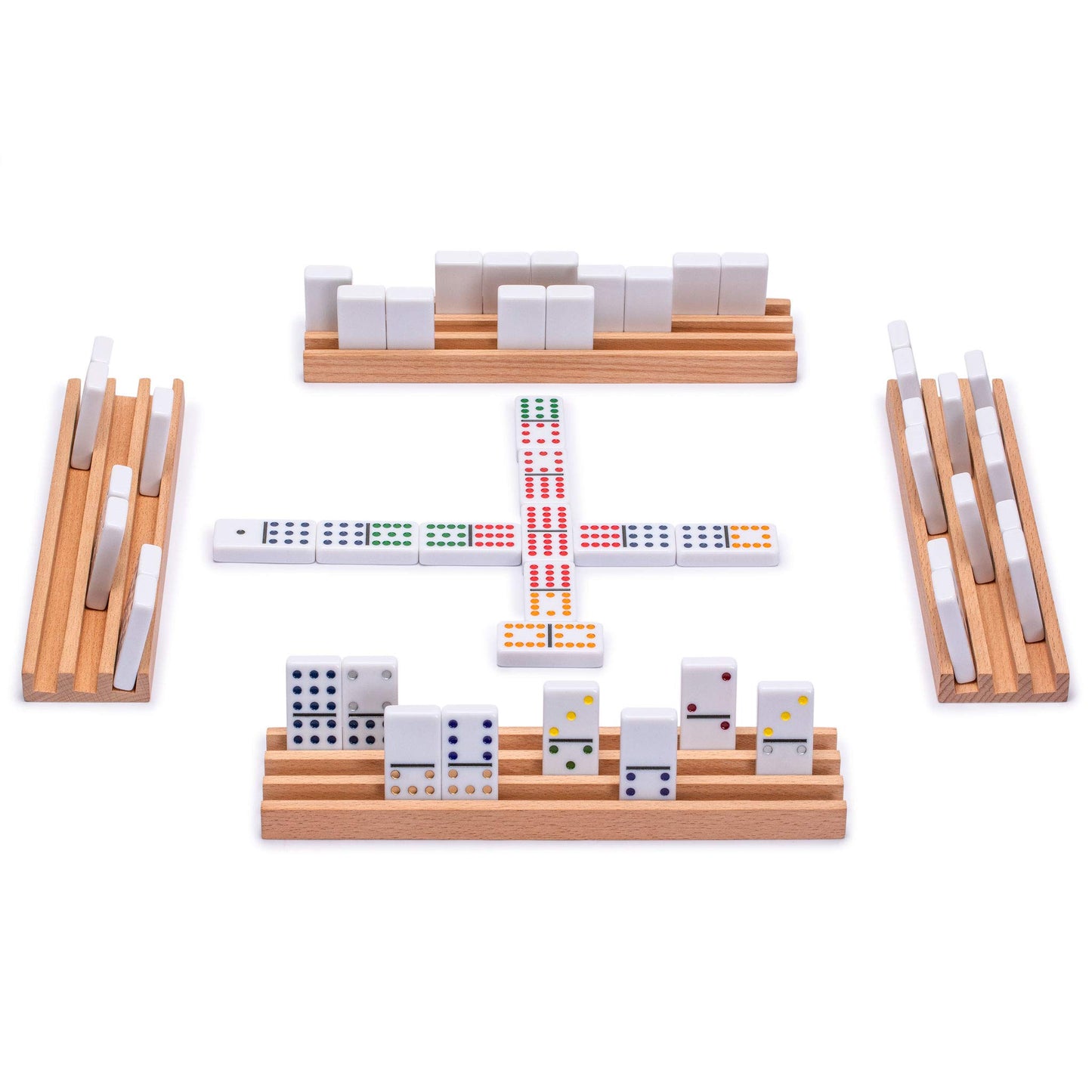 Yellow Mountain Imports Double 12 Dominoes Game Set with 91 Tiles, Wooden Case & Racks, Multi-colored Pips/Dots