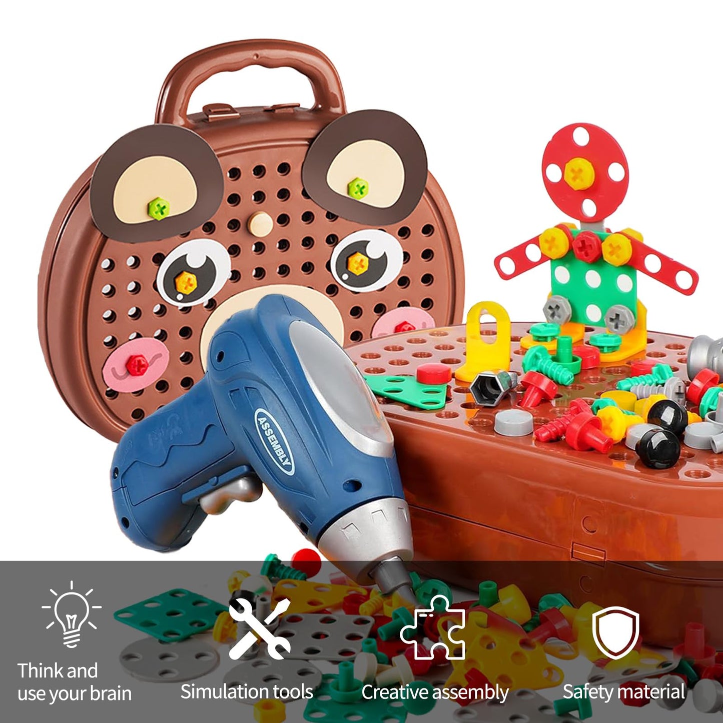 Kaemgyyd Magic Montessori Play Toolbox, 203Pcs Magic Montessori Play Toolbox Bear with Drill, 2D/3D Creativity Tool Box Montesso