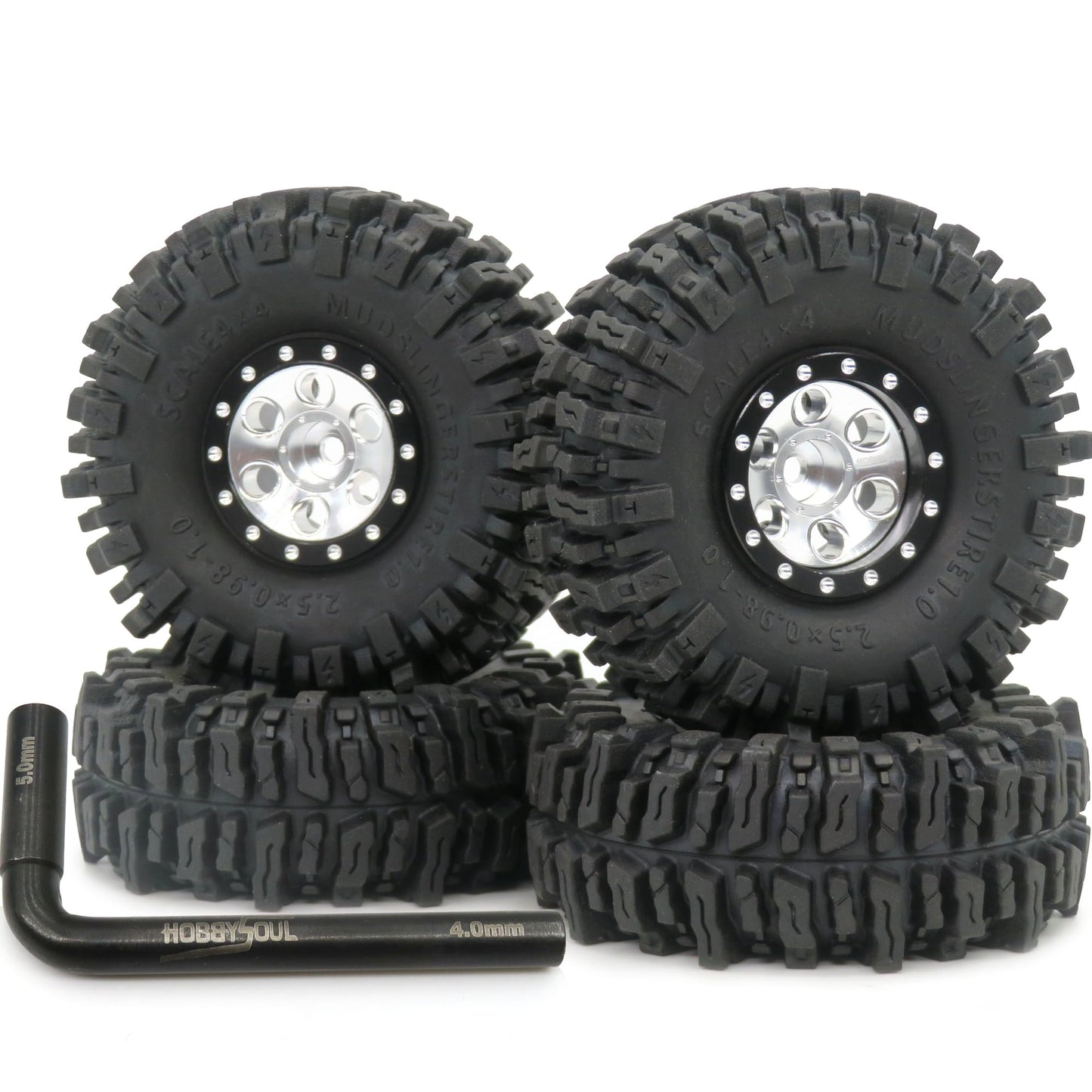 HOBBYSOUL 64mm Tall 1.0 tires & Adjustable Offset 1.0 wheels, Soft Sticky 1.0 Mud slingers Tires & Negative Offset 1.0 Beadlock