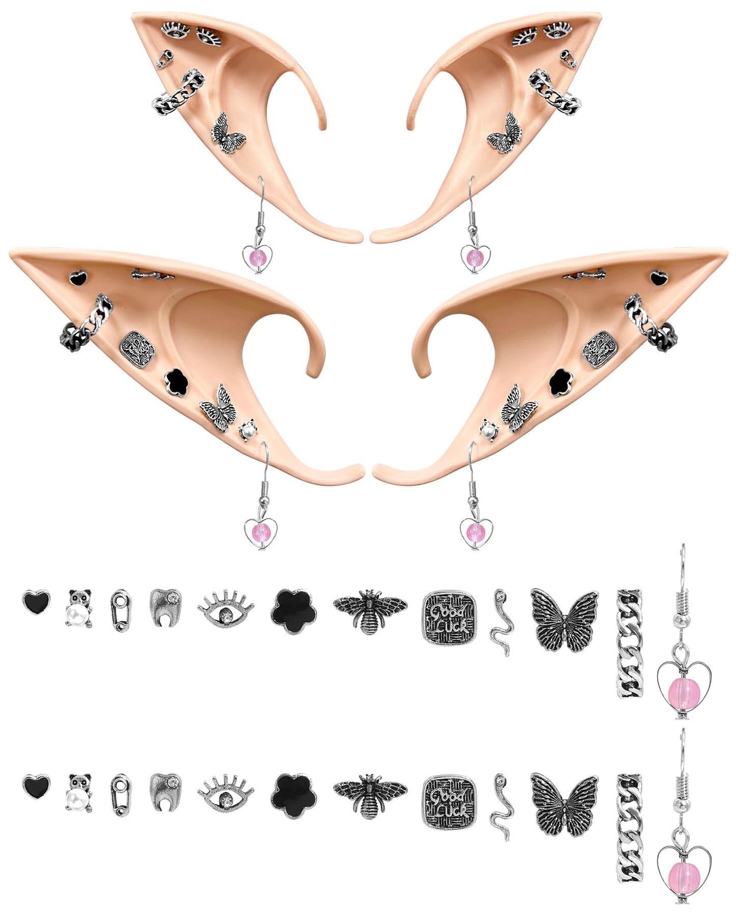 Hikkcos 3Pcs Elf Ears With Headband Halloween Elf Ears Cuffs For Kids Women Soft Latex Fairy Ears Flower Pearl Headbands Set For