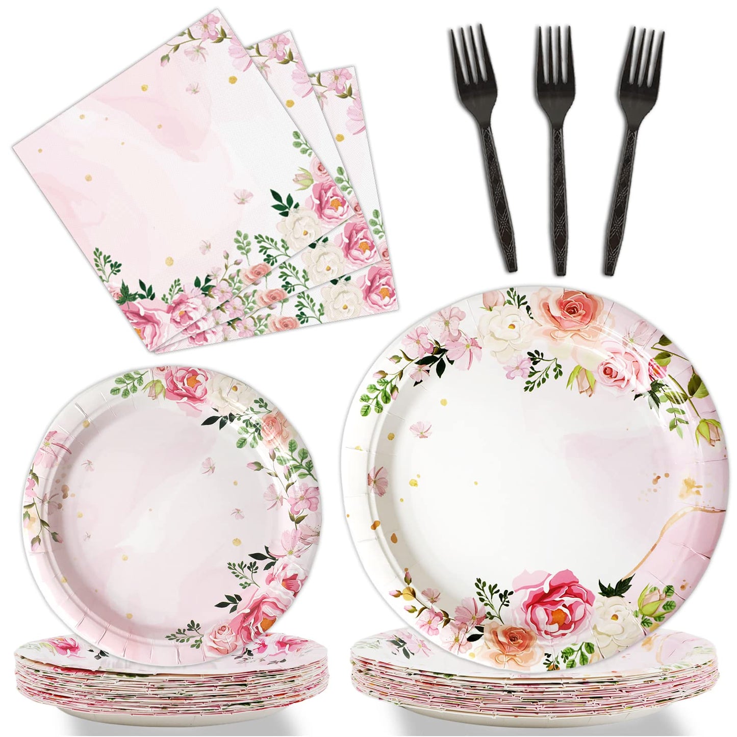 Gisgfim 96 Pcs Floral Party Plates And Napkins Party Supplies Pink Spring Flower Theme Party Tableware Set Watercolor Floral Tea