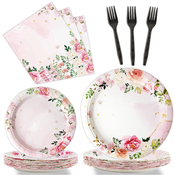 Gisgfim 96 Pcs Floral Party Plates And Napkins Party Supplies Pink Spring Flower Theme Party Tableware Set Watercolor Floral Tea