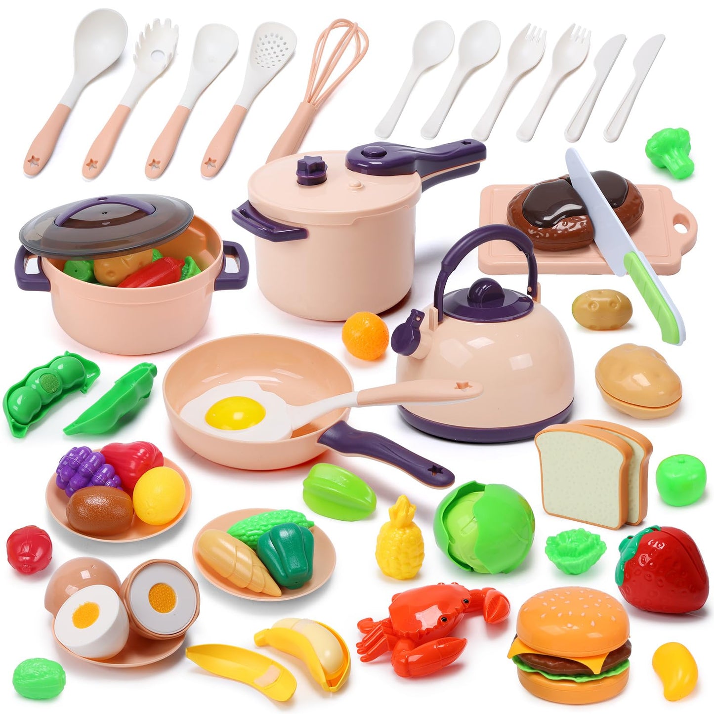 Cute Stone 51-Piece Mini Play Kitchen Accessories For Kids, Pretend Cooking Playset With Pots, Pans, Utensils, Cutting Fun Fruit