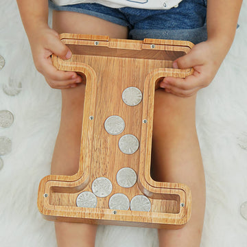 Piggy Bank For Kids Boys Girls, Large Personalized Wooden Letter Piggy Bank With Cut-Out Design, Alphabet Letter Coin Banks, Money Savings Box, Wooden Bank For Kids Creative Gift For Real-Money(I)