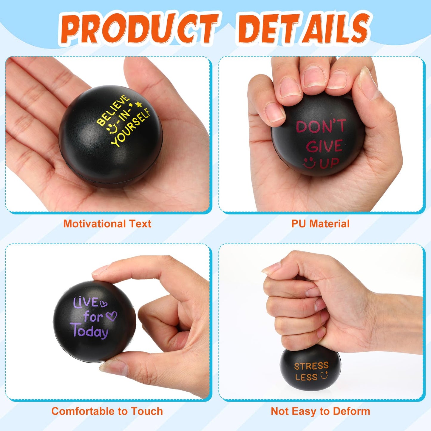 Glimin 48 Pcs Motivational Stress Balls Bulk 1.97 Inch Black Inspirational Quotes Stress Balls with Drawstring Bag to Relieve An