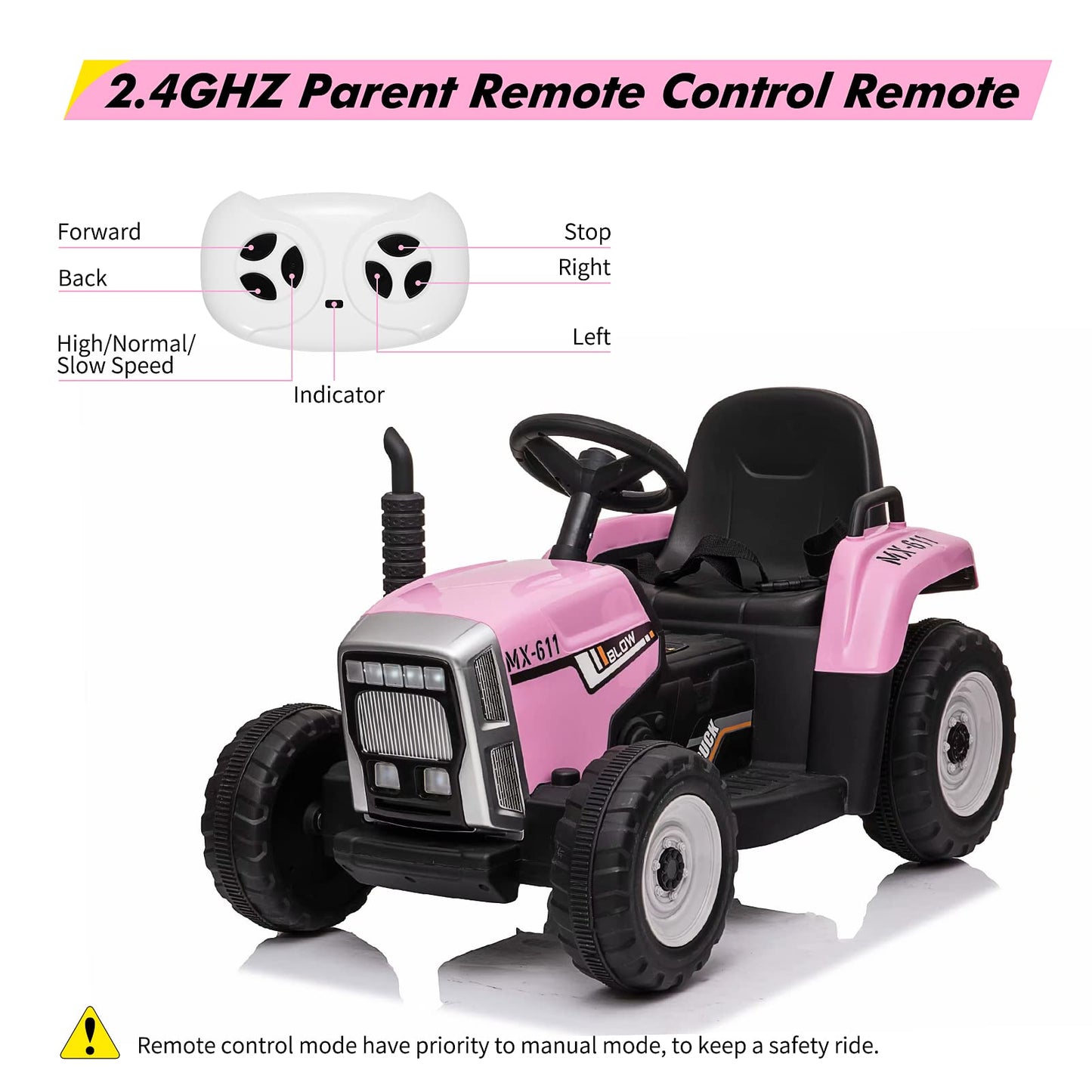 12V Kids Battery Powered Electric Tractor With Trailer, Toddler Ride On Car With Remote Control/ 7-Led Headlights/ 2+1 Gear Shift/Music Player/Usb Port For Kids 3-6 Years (Lightpink, 25W-Tread Tire)