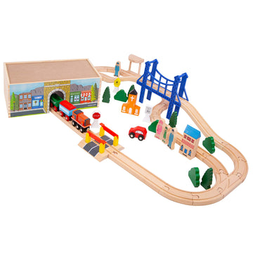 Orbrium 52 Pcs Deluxe Wooden Train Set, Compatible with Thomas & Brio, Medium Multicolor, Wooden Storage Box & Tunnel, Model ORBTS300