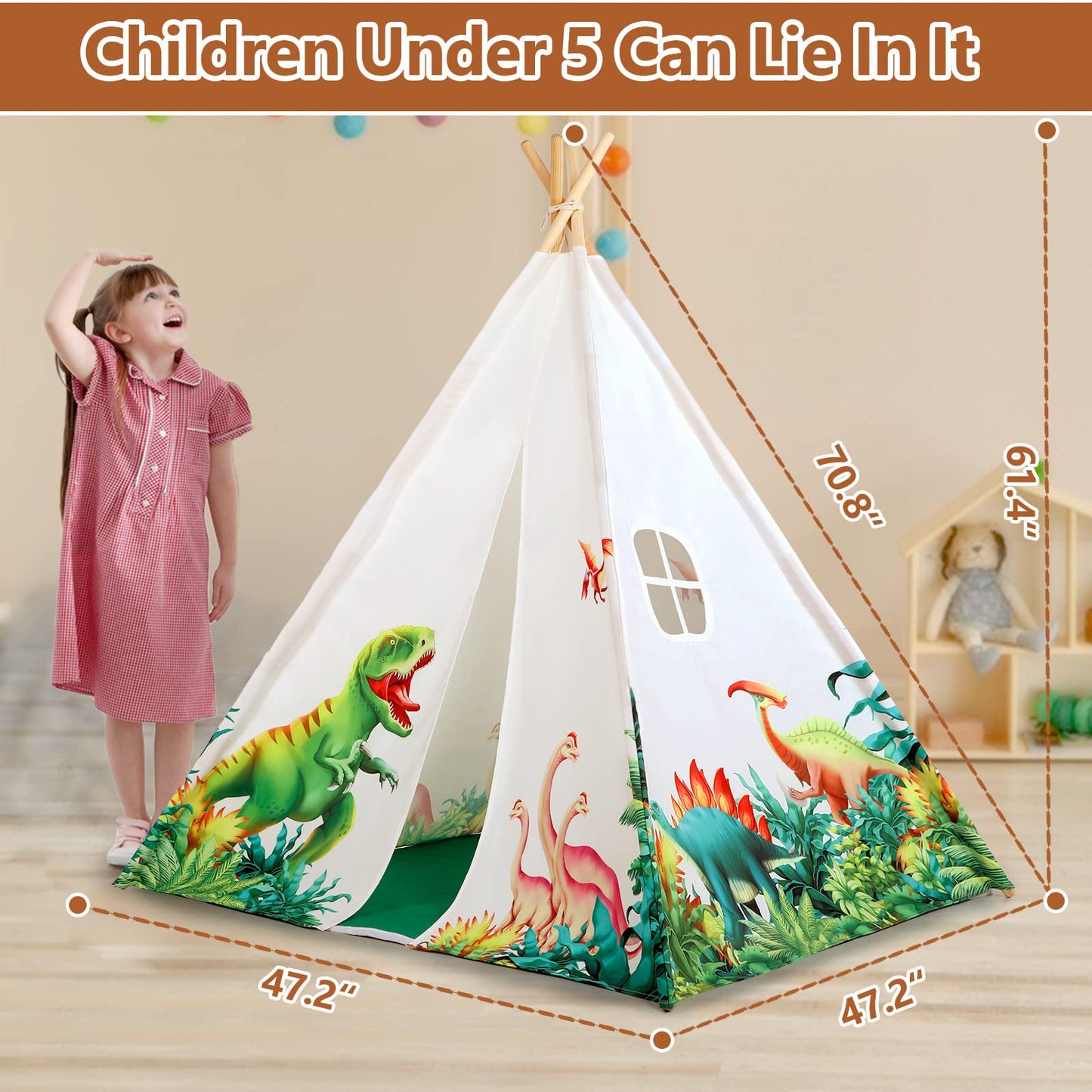 Wilhunter Dinosaurs Teepee Tent For Kids With Roar Button & Lights & Mat, Kids Play Tent Gift For Boys & Girls, Kids Tent Toys F