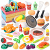 HOLYFUN Play Food Toy Set for Kids Kitchen, Shopping Basket with Cutting Fruit & Vegetables Accessories, Pot and Pan, Plastic Di