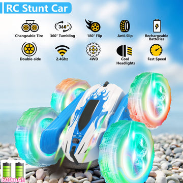 FREE TO FLY Remote Control Car For Boys: Kids RC Stunt Cars Toy with Headlights & WheelLights Double-Sided Driving 360Flip Rotat