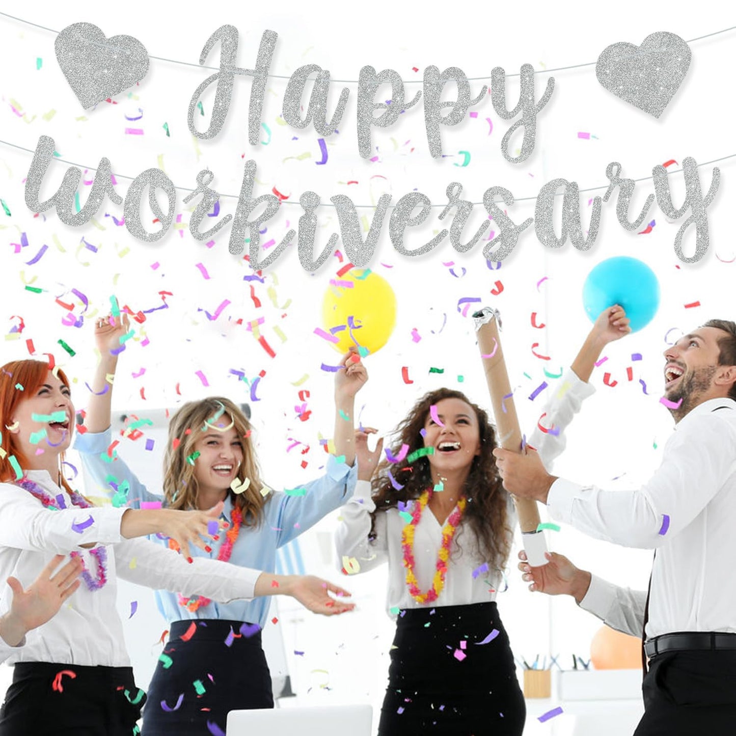 RICHHHA Silver Glitter Happy Workiversary Banner - NO DIY - Black Work Anniversary Decoration, Pre-Strung Sign Bunting for Offic