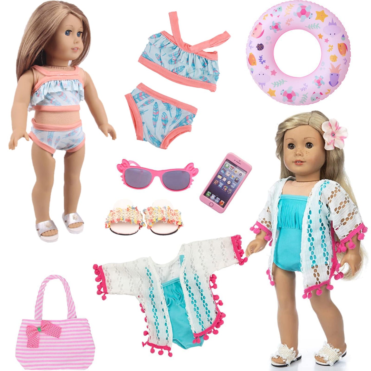 18 Inch American Doll Accessories, 18 Inch Fashion Doll Swimming Play Sets For American 18 Inch Girl Doll Including Doll Clothes Swimsuit Sunglasses Phone Shoes