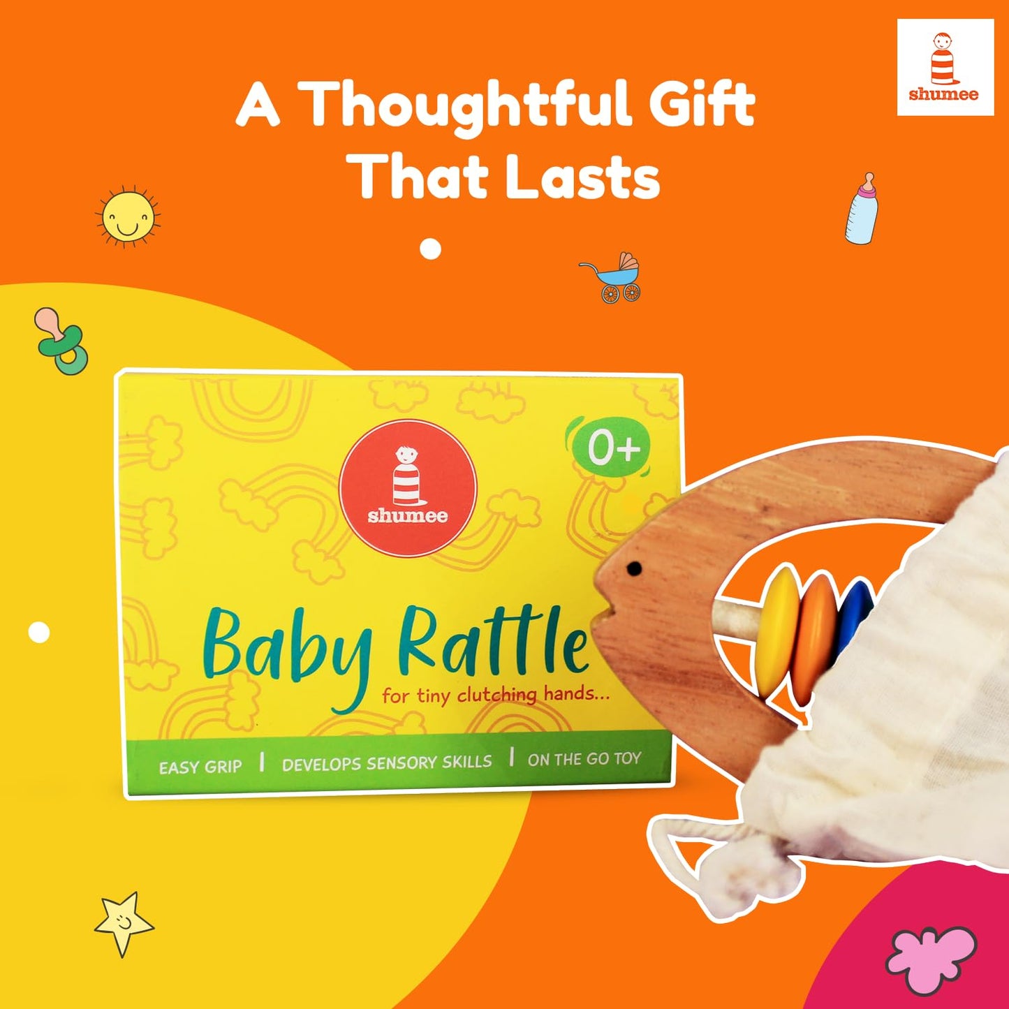 Shumee Wooden Fish Rattle Rings and Teethers for Infants | Sensory Toy | 100% Safe, Natural & Eco-Friendly | 6 Months+