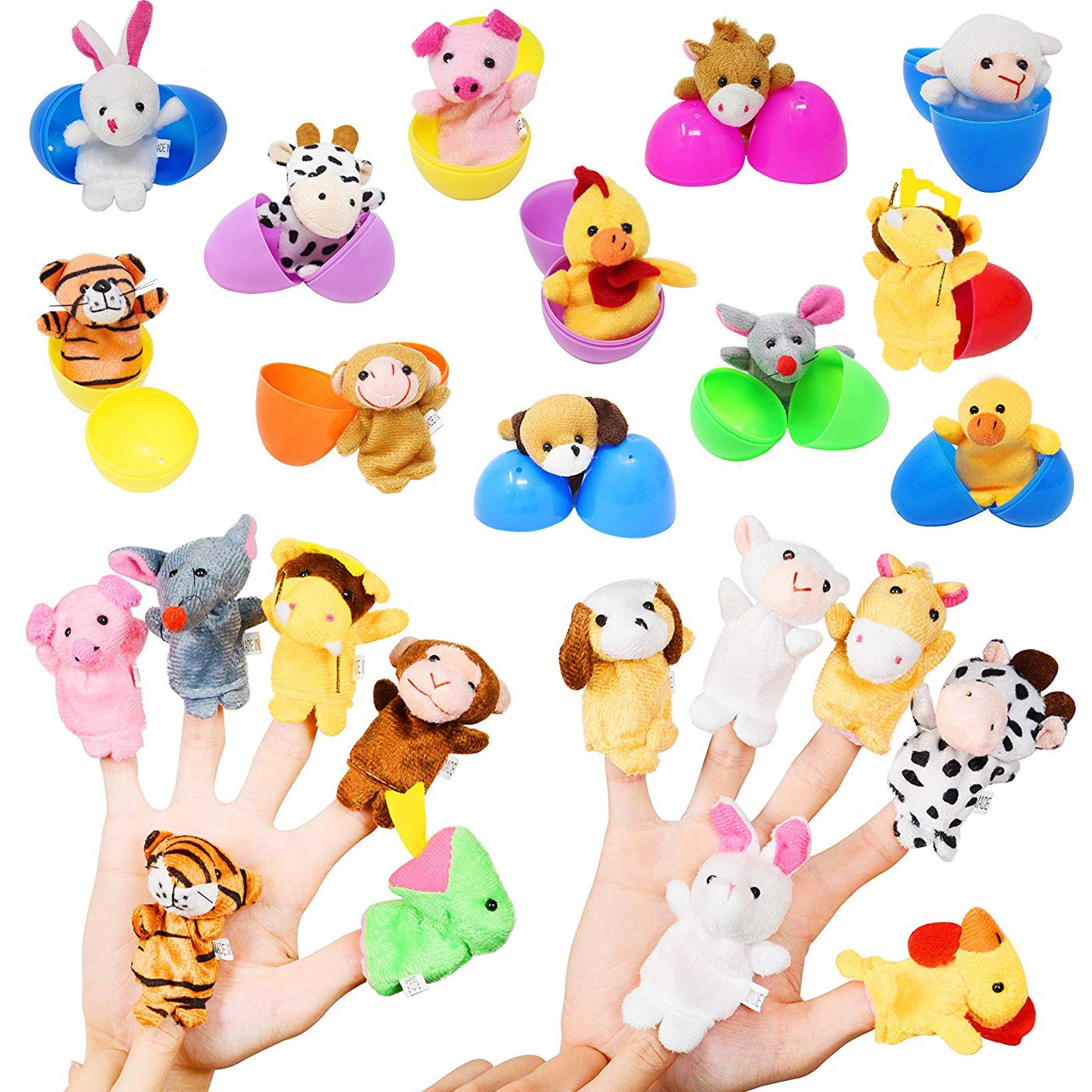 Easter Eggs With Mini Animal Finger Puppets Plush Toys, Kids Easter Basket Stuffers Party Favor School Classroom Rewards, Easter Egg Hunt Filler 12 Pack