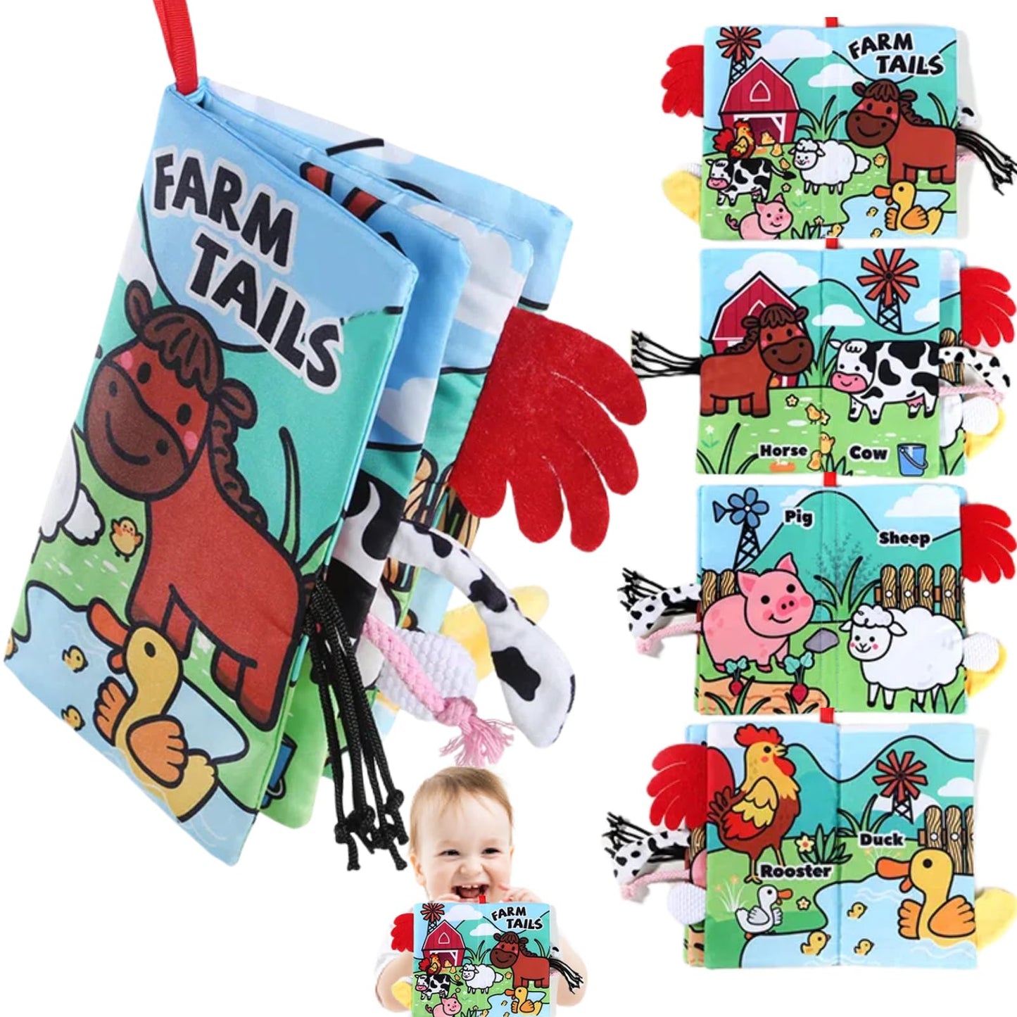 Chochumy Baby Books, Tummy Time Cloth Baby Toys 0-3-4-6-9-12 Months Touch Feel Soft Crinkle Sensory Book Farm Jungly Tails Girls