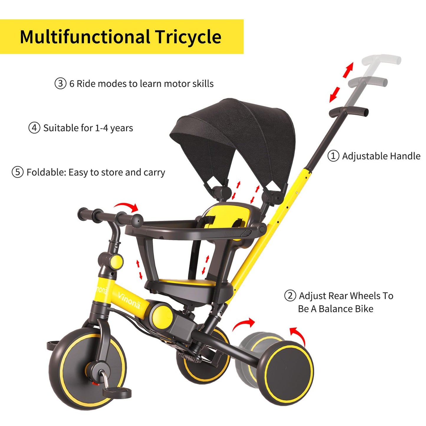 Tricycle for Toddlers 1-3, 6 in 1 Toddler Balance Bike for Boy Girl, Folding Toddler Tricycle with Push Handle, Removable Canopy