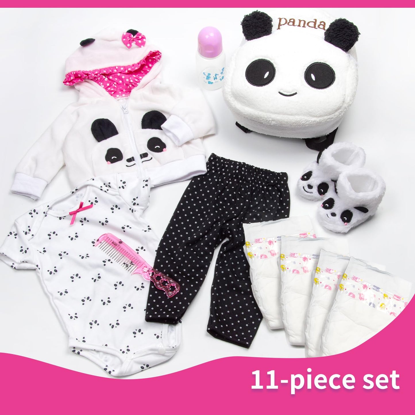 Reborn Baby Dolls Clothes Girl Outfits Accesories Panda 11 Pcs Set for 17-19 Inch Reborn Doll Newborn Girl&Boy with Backpack&Diaper