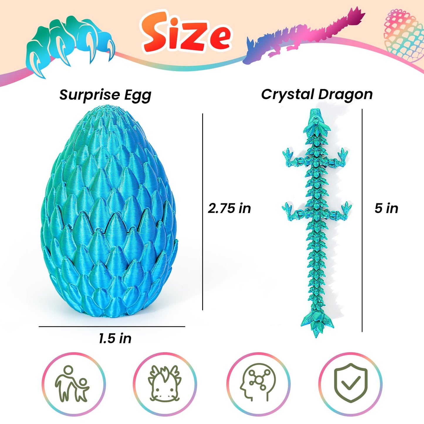 Shuwnd 4Pcs 3D Printed Dragon Eggs With Dragon Inside,Mini Easter Eggs Articulated Crystal Dragon Fidget Toys,Easter Basket Stuf