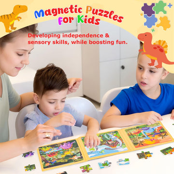 Lovestown Magnetic Puzzles For Toddlers, 48Pcs Dinosaur Travel Puzzle Book, 3 In 1 Educational Learning Magnets For Kids, Ideal Road Trip Activities Toys For Boys And Girls