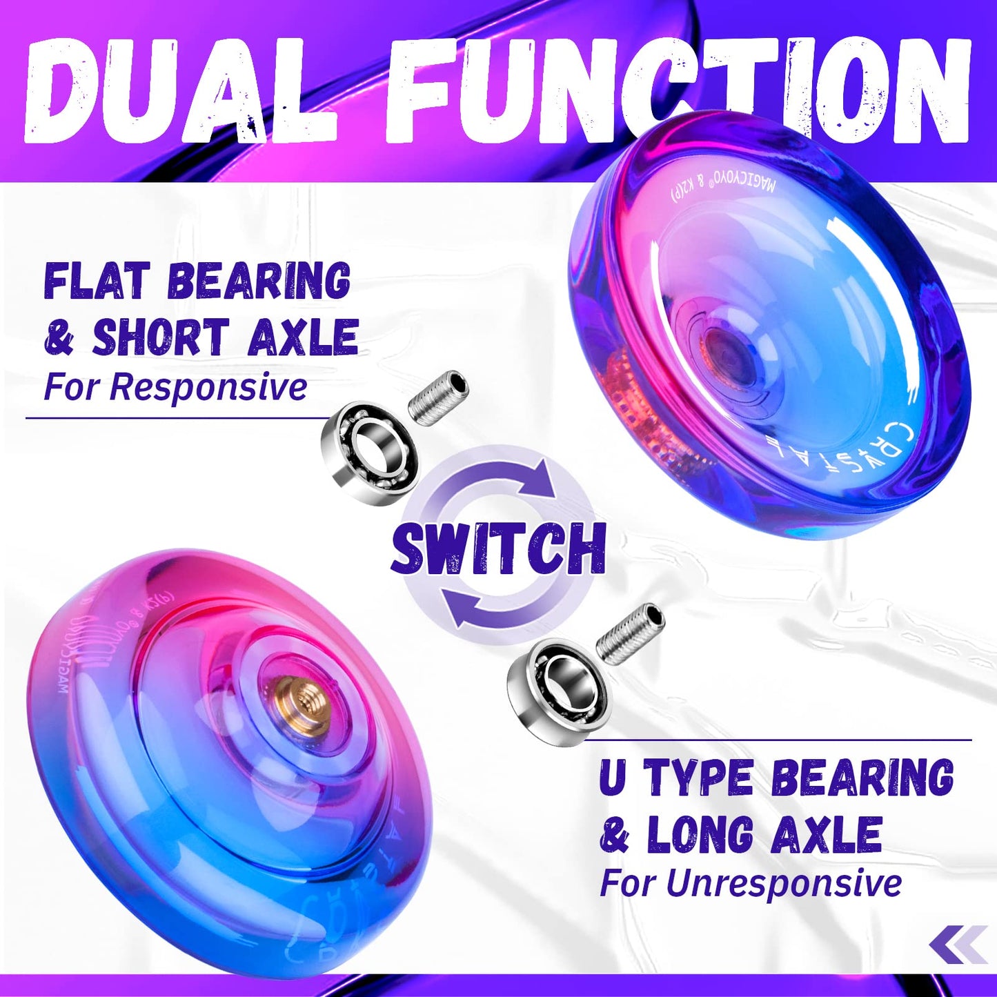 Magicyoyo Crystal Yoyo K2 Pack Of 3, Professional Responsive Yoyo For Kids Beginner, Dual Purpose Yoyos Replacement Unresponsive Bearing For Adults/Advanced+18 Strings+Remover Tool (Crystal Gradient)