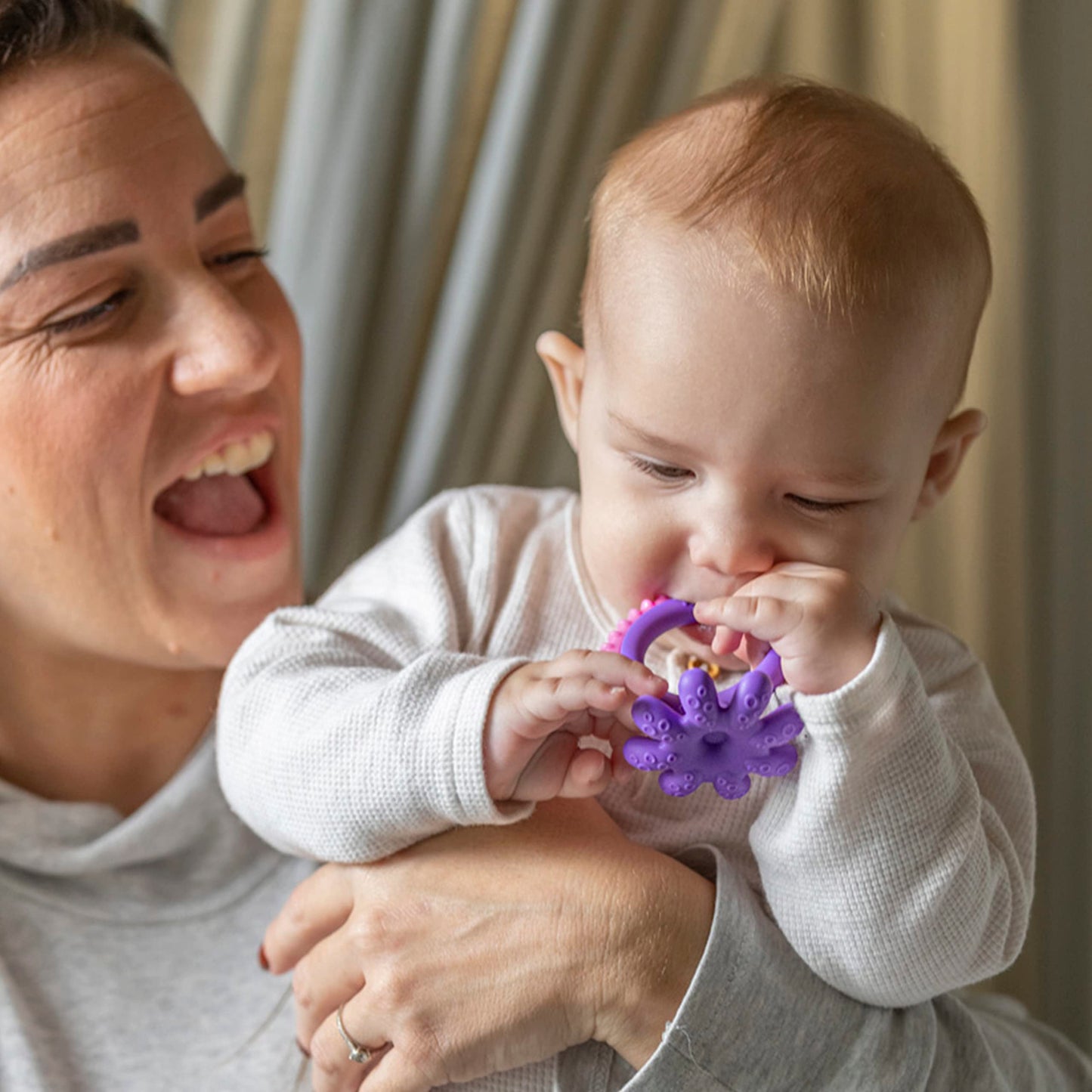 Nuby Geo Zoos Massaging Teether - Baby Teething Toy - Soft Bpa-Free Easy Grip - 3+ Months - Purple Octopus