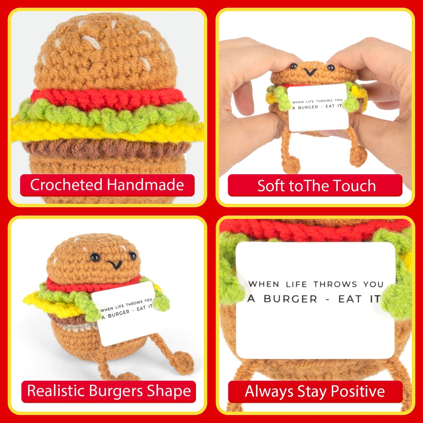 Funny Positive Burger, Emotional Support Hamburger, Cute Crochet Potato Partner Toy with Positive Card Cheer Up Funny Gag Gifts