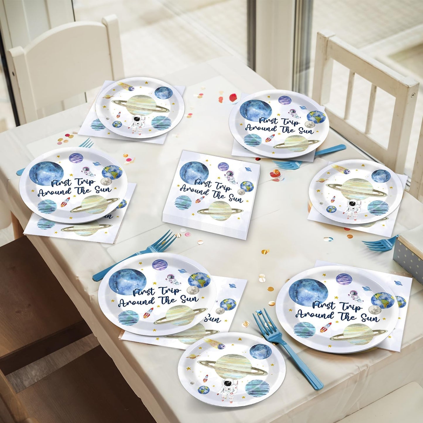 Zoiiwa 200 Pcs First Trip Around The Sun Birthday Tableware Disposable 1St Space Party Supplies Outer Space Birthday Party Paper Plates Napkins Forks Baby Shower Party Decoration Serve 50 Guest