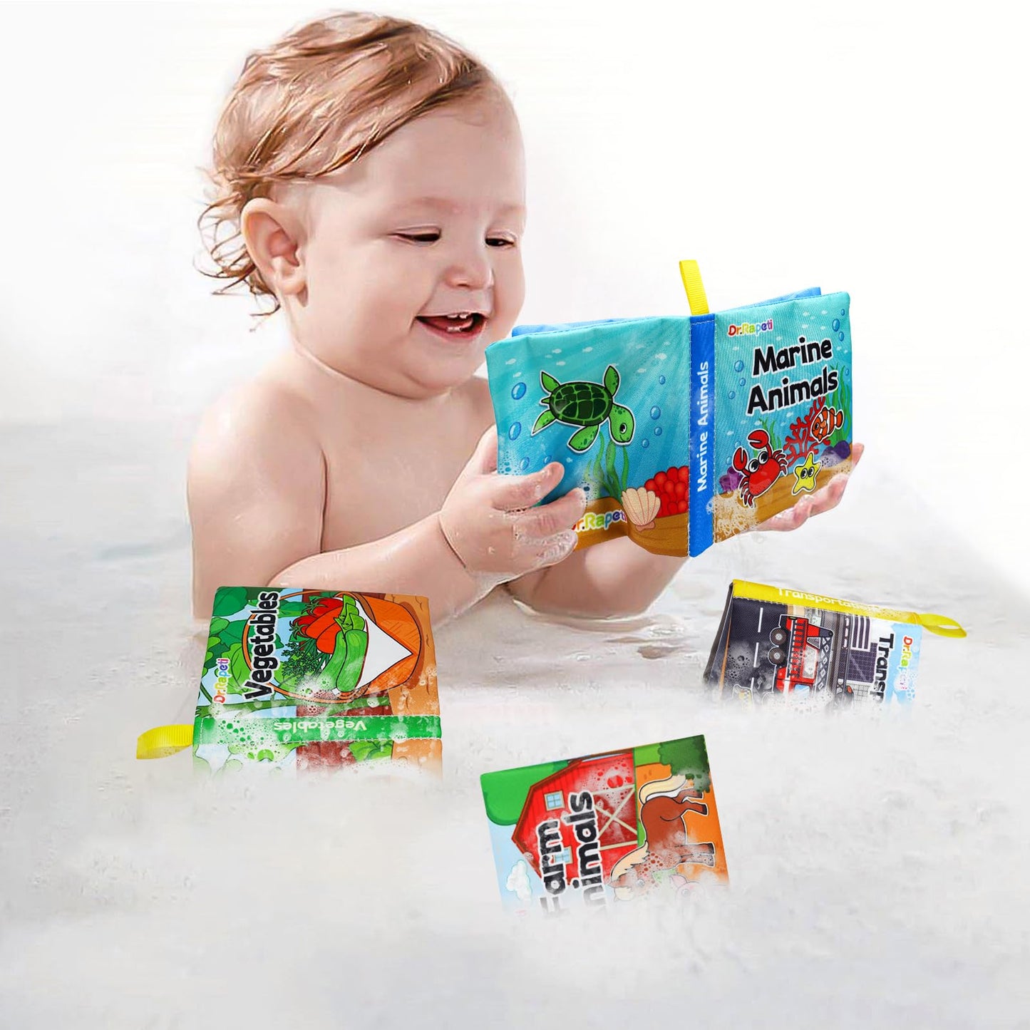 Dr.Rapeti Soft Cloth Books Baby Books Bath Books 8-Pack For Baby Infant Toddler Kid Crinkle Washable Chewable Early Educational Preschool Learning Giftable